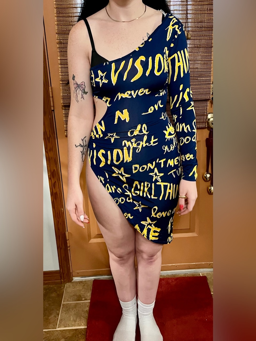 Fashion Queen Mania Navy & Yellow Graffiti Print One-Shoulder Dress